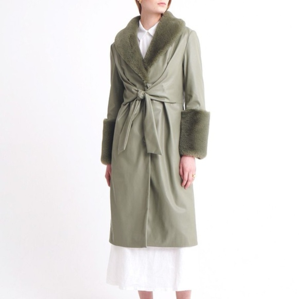 JAKKE Tilda faux leather belted jacket with fur trim Olive